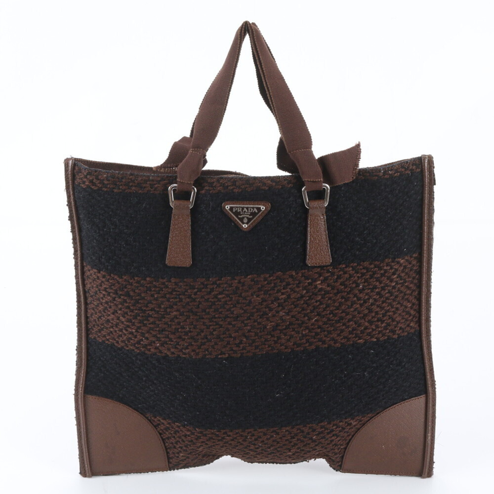 Prada Triangle Logo Leather Tweed Tote Bag Shoulder Handbag for Women